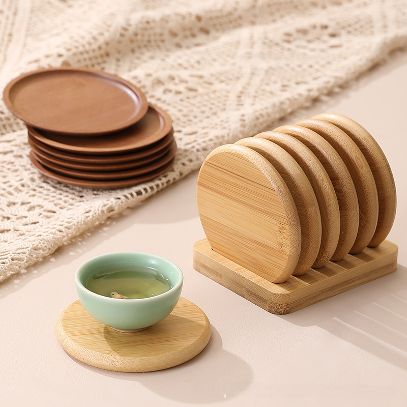 Coffee Tea Place - Dessous de verre rond en bambou,